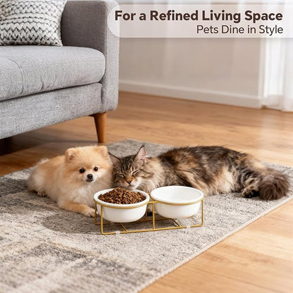 Elevated Dog Bowls for Food and Water - Double Ceramic Bowls with Metal Stand - Pet Feeding Set for Small Dogs and Cats - Each Holds 400ml / 2 Cups (Approx. 200g) - White