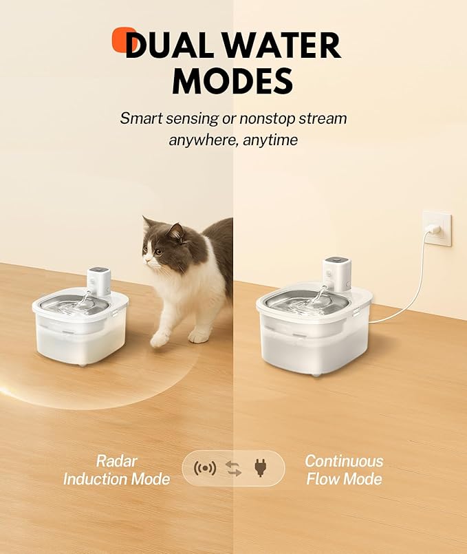 Homerunpet Wireless Pet Water Fountain - Stainless Steel Water Tray, Battery Operated Ultra-Quiet, Portable Automatic Cat & Dog Dispenser, Dishwasher Safe