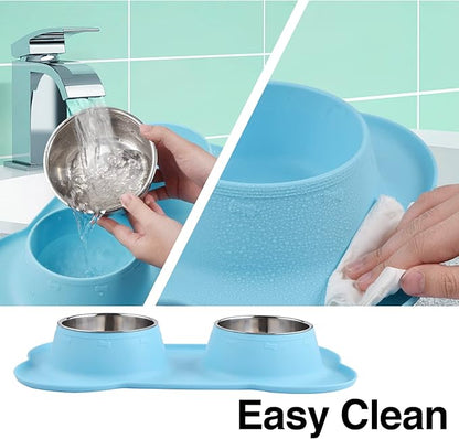 Dog Bowls 2 Stainless Steel Bowl for Pet Water and Food Feeder with Non Spill Skid Resistant Silicone Mat for Pets Puppy Small Medium Cats Dogs