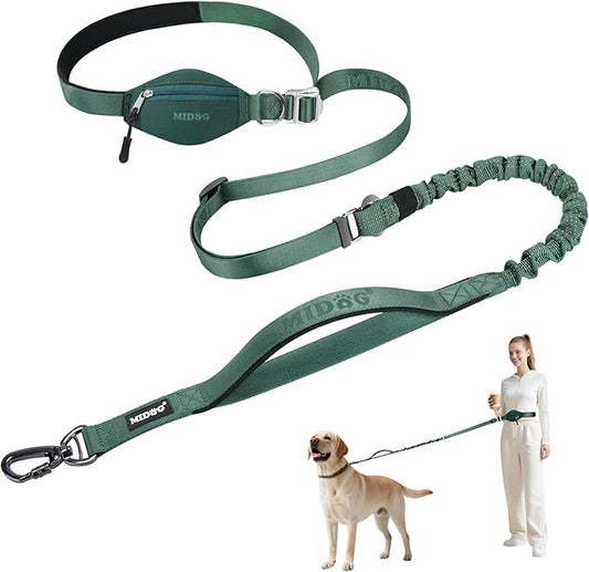 MIDOG Multifunctional Dog Leash Hands Free for Large Dogs - Adjustable Waist Leash with Zipper Pounch& Bungee Cord for Jogging/Running/Walking(4-7FT,Green)