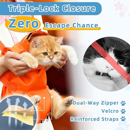 Waterproof Cat Grooming Restraint Bag - Anti-Scratching for Claw Care & Nail Trimming, Ideal for Cat Medical Examination (Orange, M)
