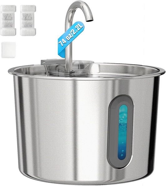 Cat Water Fountain, 74oz/2.2L Cat Fountain for Drinking - Pet Water Fountain Stainless Steel for Cats Inside - Quiet Water Bowl Dispenser - Kitty Drinking Fountains - for Pets& Small Animals