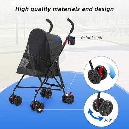 Pet Stroller Oxford Cloth Foldable Dog Strollers for Small Dogs and Cats Suitable for All Road Surfaces Wide-View Panoramic Window 4 Wheels with Brakes Portable Design, Easy to Store (Pink)