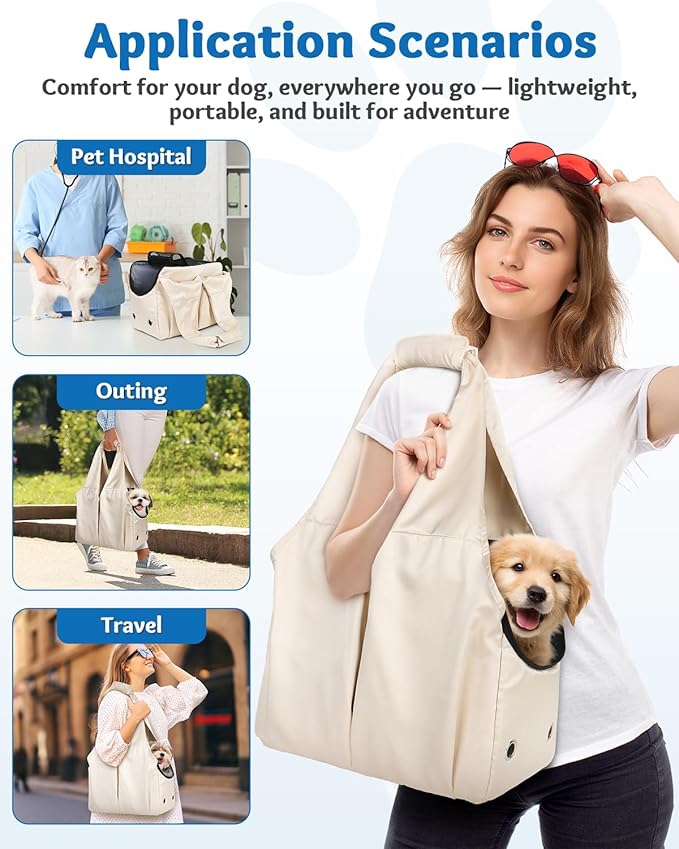 Dog Purse Carrier for Small Dogs and Cats up to 15 lbs, Portable Soft Sided Travel Pet Tote Bag with 4 Large Pockets,Foldable Puppy Bag Carrier for Outings and Travel (Beige)