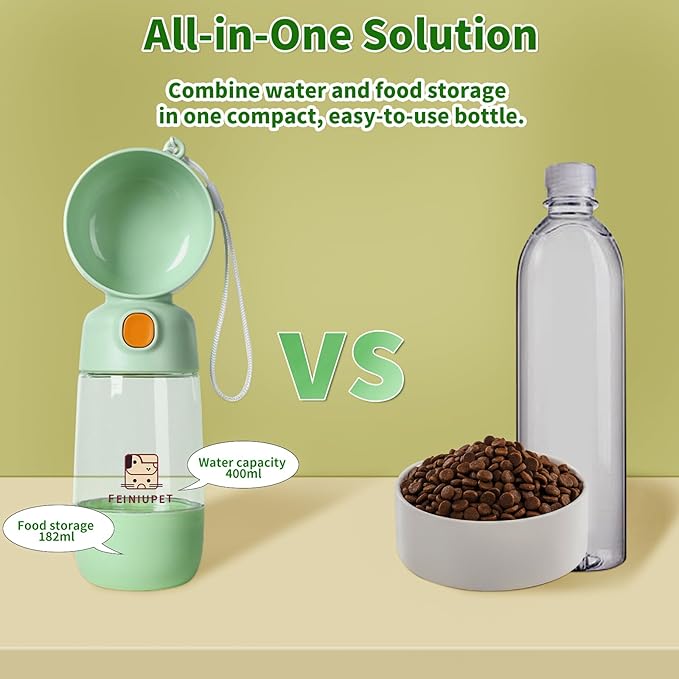 Dog Water Bottle with Food Container, 2-in-1 Cat & Small Dog Water Bottle Portable for Walking, Hiking, Travel - Green