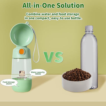 Dog Water Bottle with Food Container, 2-in-1 Cat & Small Dog Water Bottle Portable for Walking, Hiking, Travel - Green