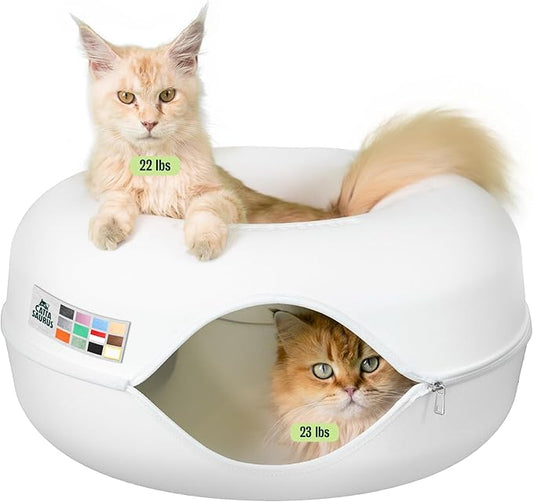 Cattasaurus Peekaboo Cat Cave Donut for Multiple & Large Cats up to 30-45 lbs, 3-in-1 Self Warming Cat Bed, Tunnel & Scratcher for Indoor Cats, Washable & Detachable Small Dog Bed (White, Large)