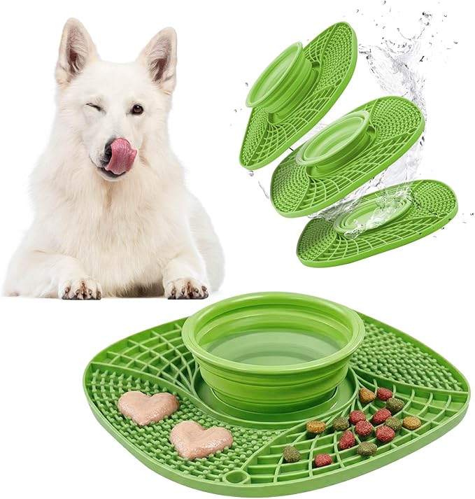 BelleBête & Co. 3-in-1 Pet Slow Feeder Bowl Lick Mat with Collapsible Bowl for Dog & Cat – Food-Grade Material & Non-Slip Base for Kibble, Dry and Wet Food, Digestive Health & Reduce Anxiety | Green