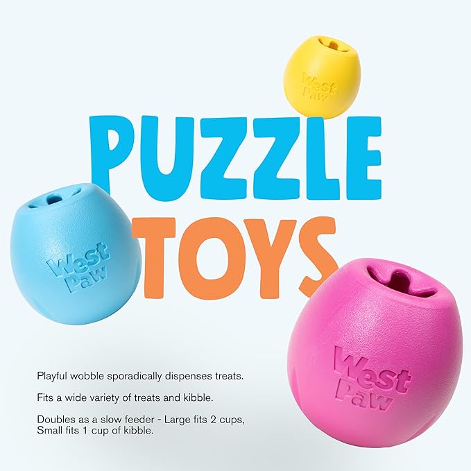 WEST PAW Zogoflex Rumbl Treat-Dispensing Dog Toy – Interactive Slow-Feeder Chew Toys for Dogs – Dog Enrichment Toy – Dog Toy for Moderate Chewers, Fetch, Catch – Holds Kibble, Treats (Hot Pink, Small)
