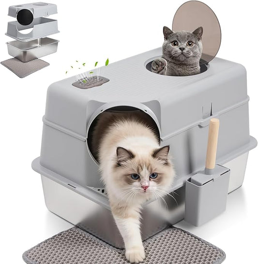 Stainless Steel Litter Box with Lid, Extra Large Enclosed Cat Litter Box for Big Cats, Metal Cat Box with High Sided Enclosure & Scoop, Front & Top Entry, Odor Free, Anti-Leakage, Grey