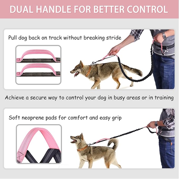 LANNEY Hands Free Dog Leash, Waist Running Leash with Zipper, Walking Pouch for Medium Large Dogs, Dual Handle and Retractable Bungee for Training Jogging Hiking(25-120 lbs, Pink)