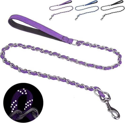 HOMIMP Heavy Duty Dog Leash - Chew Proof 4 FT, Reflective, Metal Training Leash with Soft Padded Handle, Strong Rope for Night Walking, Purple