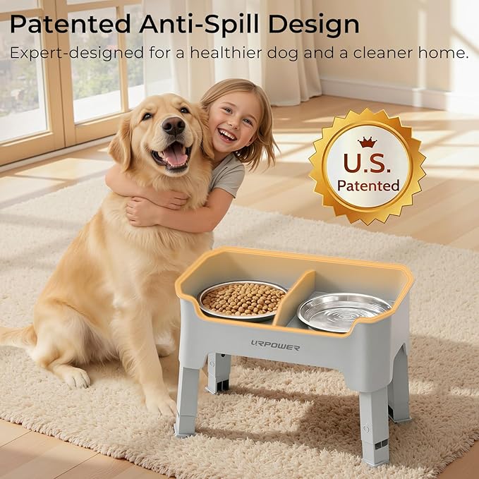 URPOWER Mess Proof Elevated Dog Bowls, High Wall Splash Guard Design, 4 Height Adjustable Raised Bowl Stand, 2 Stainless Steel Bowls, Non-Slip Food Water Set for Small Medium Large Dogs