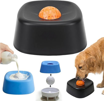 Dog Lick Bowl for Liquid Treats, Slow Feed Dog Bowl with Rolling Core, Food‑Grade Rubber Licking Bowl for Bone Broth & Yogurt,Anti‑Slip Base for Puppies and Dogs (Black)