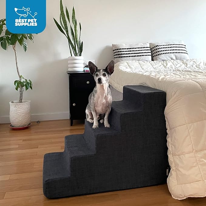 Best Pet Supplies Dog Stairs for Small Dogs & Cats, Foam Pet Steps Portable Ramp for Couch Sofa and High Bed Non-Slip Balanced Indoor Step Support, Paw Safe No Assembly - Gray Lattice Print, 5-Step