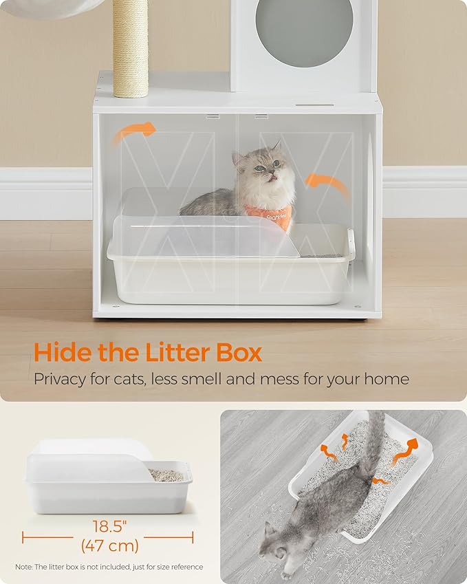 Feandrea Cat Tree with Litter Box Enclosure, 59-Inch Modern Cat Tower, 2-in-1 Condo with Scratching Posts, Washable Removable Cushion, Cloud White UPCT113W01