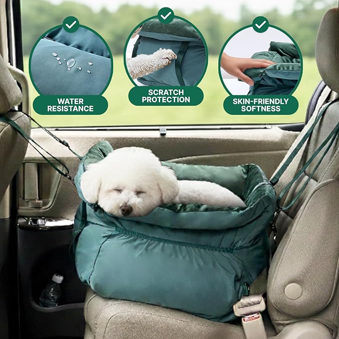 BurgeonNest Dog Car Seat for Small Dogs, Calm Blue Pet Car Bed Under 25 lbs, Soft Booster Fully Detachable and Washable Cat Carseats with Storage Pockets and Clip-On Leash Portable Travel Carrier