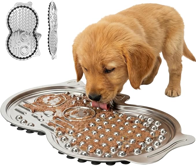 Stainless Steel Lick Mat for Dog and Cat, Pet Shaped Slow Feeder Pad Chew Proof Non Slip Large Licking Mat for Slow Eating Stress Relief Whisker Friendly for Cat(Silver)