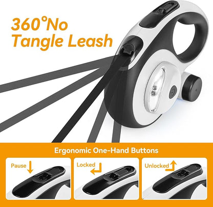 Heavy Duty Retractable Dog Leash for Large Dogs, 26ft Dog Leash with Poop Bag Holder, Up to 110lbs, chew Proof Cable, LED Light, 360° No-Tangle, One-Handed Pause & Locked. (White, M 16ft)