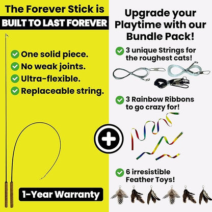 Forever Stick with Cat Toys and Strings Bundle - The Unbreakable Cat Wand Toy, Durable Cat Toy Wand, Extra Long Cat String Toy, Cat Fishing Pole Toy for Bored Indoor Adult Cats, Cat Stick Toy