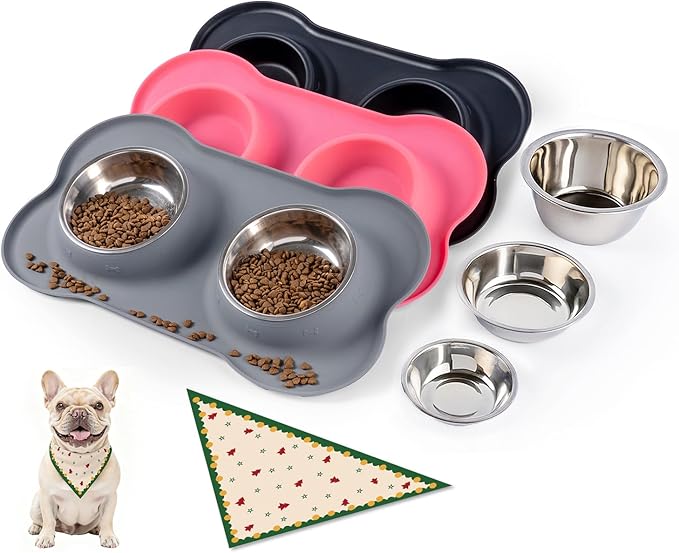 Dog Bowls with Silicone Feeding Mat,No Spill Food Water Dish Set,Dishwasher Safe,2 Stainless Steel Puppy Bowls with Dogs Bandanas,Suitable for Tiny Pets Under 8lbs,Extra Small,Grey