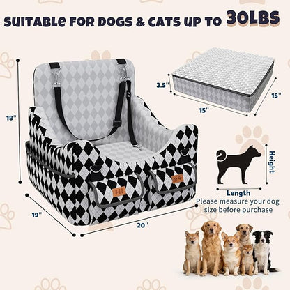Dog Car Seat for Small/Medium Dogs up to 35lbs, 4-Pocket Storage Memory Foam Dog Booster Seat, Detachable Washable Pet Car Seat with Safety Belt, Outdoor & Indoor Use (Black/White)