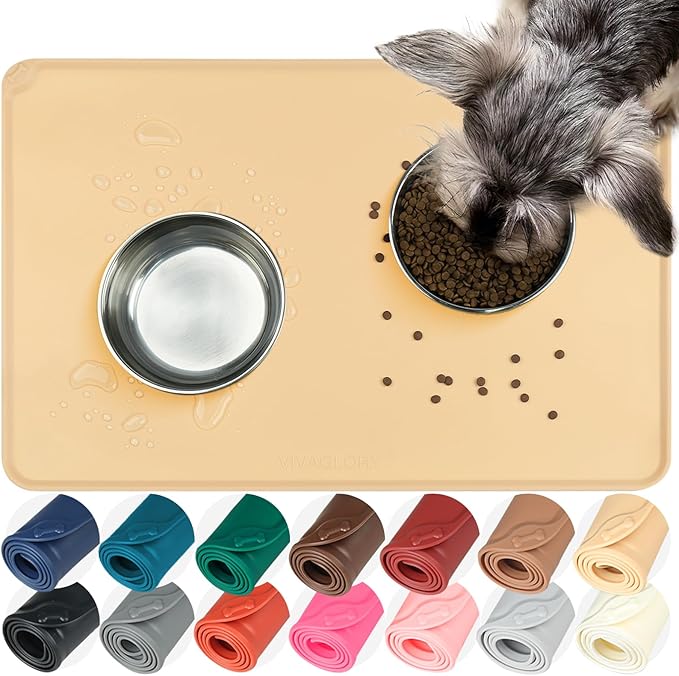 VIVAGLORY Dog Food Mat Flexmat Dog Bowl Mat, Placemat Food Tray with Raised Edges & Lip for Indoor Floor, Non Slip Waterproof Silicone Dish Placemat for Cat & Pet, S, Beige Yellow