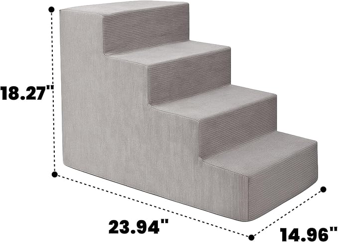MEWANG Dog Stairs for Small Dogs, Medium Dogs & Old Cats – 4-Step Pet Ramp with High-Density Foam for Bed and Couch, Non-Slip Bottom, Washable Cover, Grey (23.9" L x 14.9" W x 18.2" H)