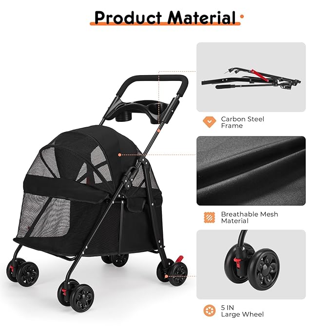 Foldable Pet Stroller for Small/Medium Pets up to 22 lbs - Lightweight 4-Wheel Design with Sun Canopy, Storage Bag & Breathable Mesh（Black