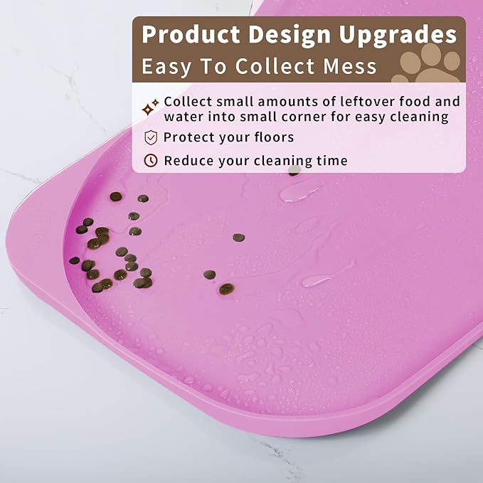 Silicone Pet Food Mat with Raised Edge for Food and Water Bowl, Dog Feeding Mats, Cat Food Trays for Floor Waterproof, Rubber Tray for Dogs and Cats, 24 x 16 x 0.8 Pink