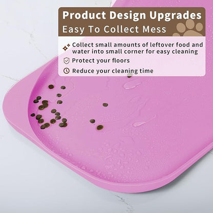 Silicone Pet Food Mat with Raised Edge for Food and Water Bowl, Dog Feeding Mats, Cat Food Trays for Floor Waterproof, Rubber Tray for Dogs and Cats, 24 x 16 x 0.8 Pink