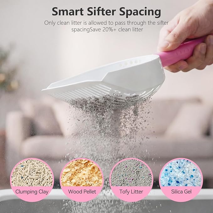 Cat Litter Scoop with Holder, 3-in-1 Litter Box Solution: Metal Scooper, Dustpan & Mini Broom, Coarse and Fine Grid, Quick Sift, Metal Kitty Litter Scooper Works with All Type of Cat Litter