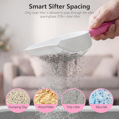 Cat Litter Scoop with Holder, 3-in-1 Litter Box Solution: Metal Scooper, Dustpan & Mini Broom, Coarse and Fine Grid, Quick Sift, Metal Kitty Litter Scooper Works with All Type of Cat Litter