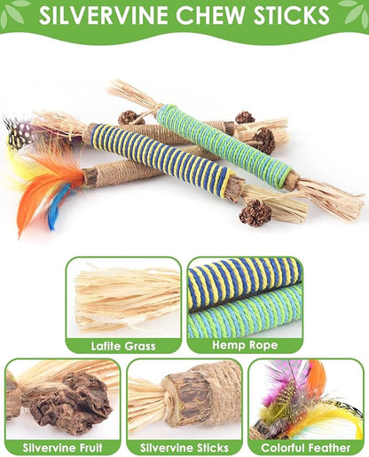 TINDTOP Catnip Chew Toys for Cats, 4 Pack Natural Silvervine Sticks for Kittens Teeth Cleaning, Matatabi Dental Care, Increase Appetite, Aggressive Chewers Cat Dental Toy