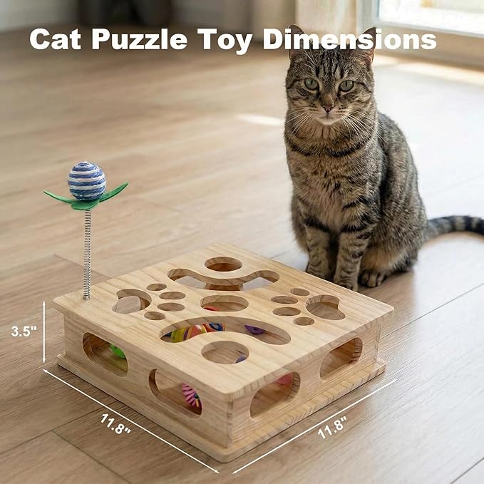 Pine Wooden Cat Puzzle Box, Interactive Maze & Scratch Enrichment Toy, Puzzle Toys for Indoor Cats with Sisal Wand, Silent & Bell Balls (Large)