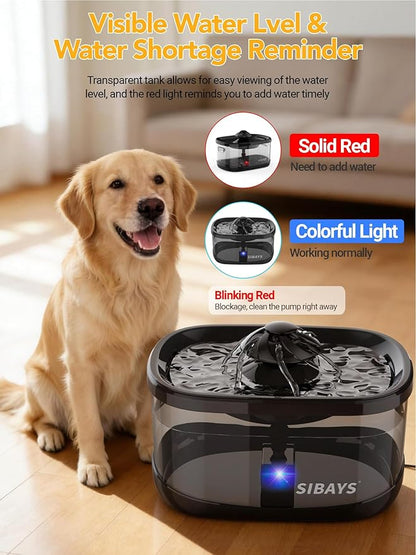 SIBAYS 9.5L/2.5Gal Dog Water Fountain, 3 Flow Modes Automatic Pet Water Fountain with LED Light & Water Shortage Reminder, Ultra Quiet Dog Water Bowl Dispenser for Large Dogs & Multi-Pet(FS82, Black)