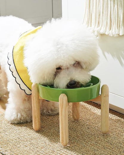 LE TAUCI Ceramic Slow Feeder Dog Bowls Elevated for Small and Medium Breed, Dog Bowls with Wooden Stand, 1.5 Cups Pet Dishes to Slow Down Eating, Anti-Gulping Pet Feeding Dishes, Clover Green