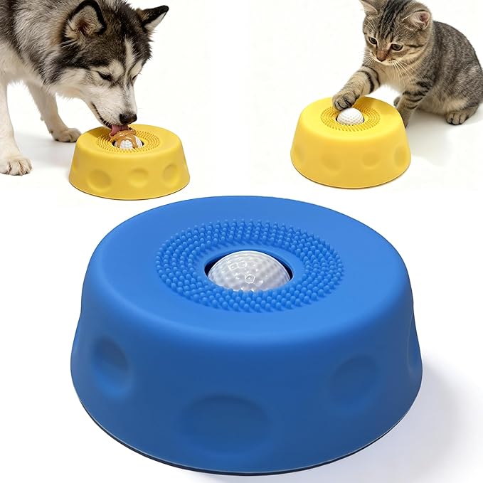 Slow Feeder Dog Bowls for Liquid with Rolling Ball, Interactive Lick Bowl Anti-Slip Lick Toy for for Wet Food, Water, Treats & Breeds Dietary Supplement for Dogs Cats (Blue)