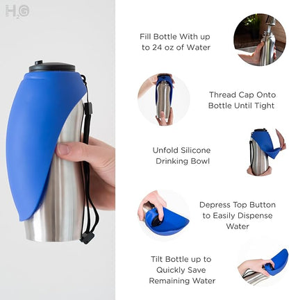 Portable Dog Water Bottle, 24 oz, Stainless Steel, Convenient Pet Water Dispenser, Collapsible Travel Bowl, Walking, Hiking, and Outdoor Activity, Compatible with Various Pets, Houd2Go (Pink, 24oz)