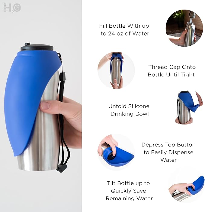 Portable Dog Water Bottle, 24 oz, Stainless Steel, Convenient Pet Water Dispenser, Collapsible Travel Bowl, Walking, Hiking, and Outdoor Activity, Compatible with Various Pets, Houd2Go (Blue, 24oz)