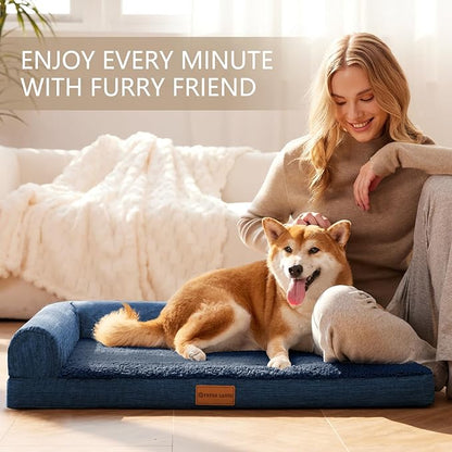 Patas Lague Orthopedic XL Dog Bed Large Sized Dog 42''X28'', Waterproof L Bolster Big Large Pet Sofa Beds with Removable Washable Cover, Soft Comfortable Pet Couch Crate Mat with Nonskid Bottom, Navy