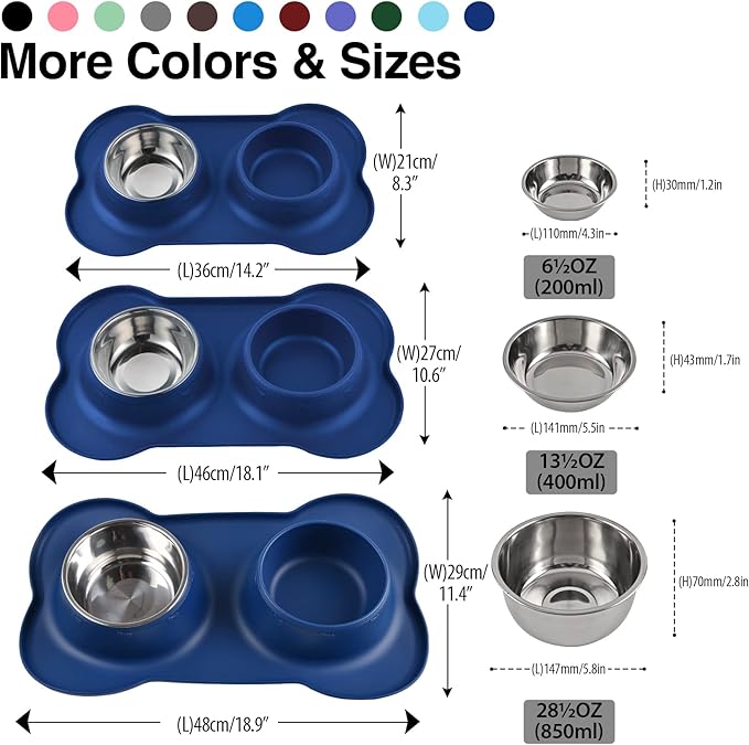 Dog Bowls 2 Stainless Steel Bowl for Pet Water and Food Feeder with Non Spill Skid Resistant Silicone Mat for Pets Puppy Small Medium Cats Dogs