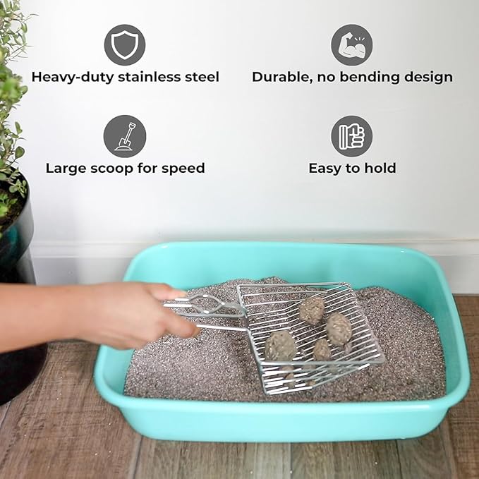 Cat Litter Scoop - Extra Large Heavy Duty Metal Kitty Litter Scoop, Premium Stainless Steel Cat Poop Scooper, Durable Sifting Shovel with Long Handle for Easy Cleanup, Best cat scooper for litter box