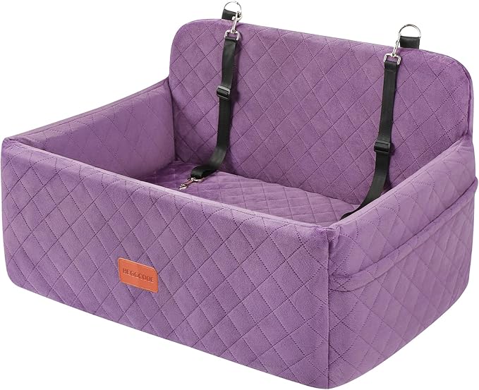HEGGCOOE Dog Car Seat for Medium/Large Dogs, Pet Booster Seat for Under 55 lbs or 2 Small Dogs, Detachable & Washable Dog Car Bed for Backseat with 2 Safety Leashes (Purple)