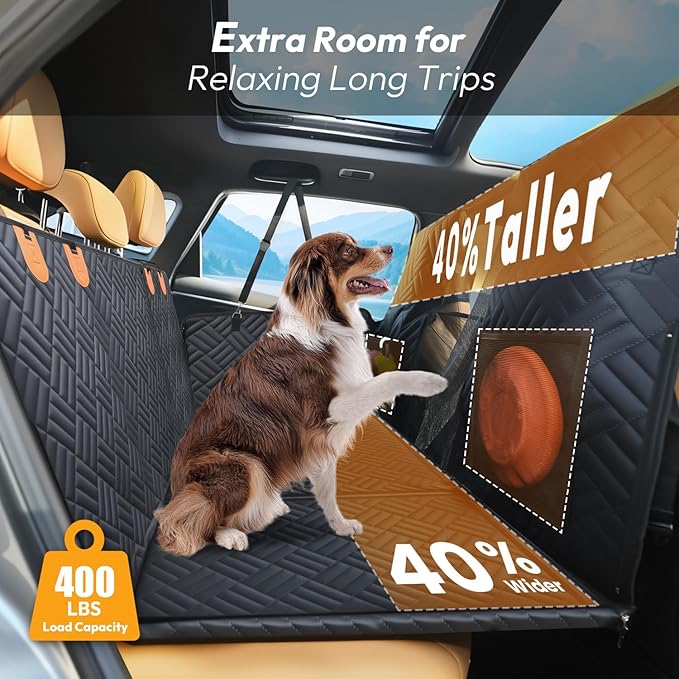 Dog Car Seat Cover for Back Seat-Holds 400lbs, XL Hard Bottom Waterproof Back Seat Extender for Dogs with Mesh Window & Headrest Cover, 600D Heavy Duty Anti-Scratch Dog Hammock for Car, SUV, Truck