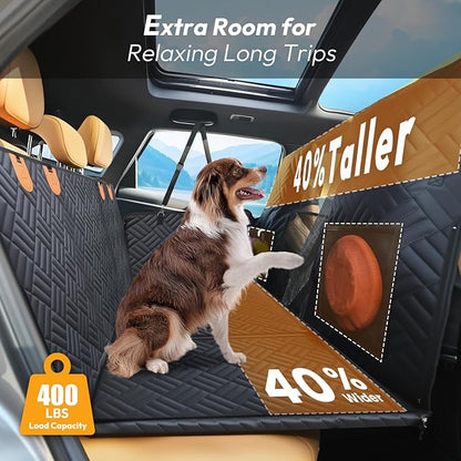 Dog Car Seat Cover for Back Seat-Holds 400lbs, XL Hard Bottom Waterproof Back Seat Extender for Dogs with Mesh Window & Headrest Cover, 600D Heavy Duty Anti-Scratch Dog Hammock for Car, SUV, Truck