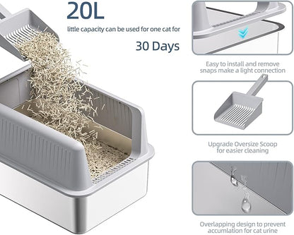 Stainless Steel Cat Litter Box with Lid,XL,19.7”L x 13.8”W x 11.8”H Deep,Metal Litter Box with High Side,for Small and Large Cats,with a Scoop and Scoop Storage Box Litter Mat Double,Easy Cleaning