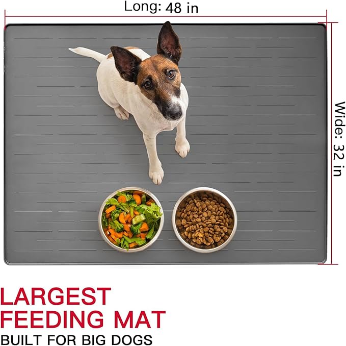 48" x 32" XXXL Largest Pet Food Mat, Silicone Dog Mats for Food and Water, Nonslip Pet Feeding Mats for Floors,Dog Cat Bowl Mat with Raised Edges, Black