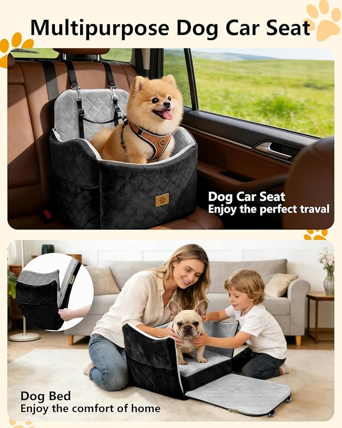 Dog Car Seat for Small/Medium Dogs Up to 35lbs, 2-in-1 Pet Car Seat with Memory Foam, Detachable Washable Dog Bed for Cars, Pet Booster Carseat with Storage Pockets Fits Front/Back Seats (Black/Grey)