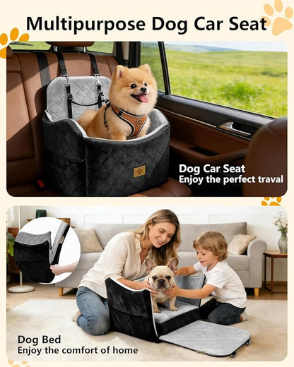 Dog Car Seat for Small/Medium Dogs Up to 35lbs, 2-in-1 Pet Car Seat with Memory Foam, Detachable Washable Dog Bed for Cars, Pet Booster Carseat with Storage Pockets Fits Front/Back Seats (Black/Grey)